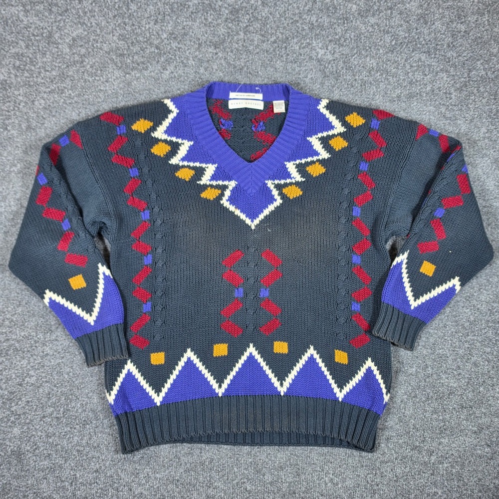 Henry Grethel Vintage 90s Geometric V-Neck Cotton Cable Knit Sweater Mens XL